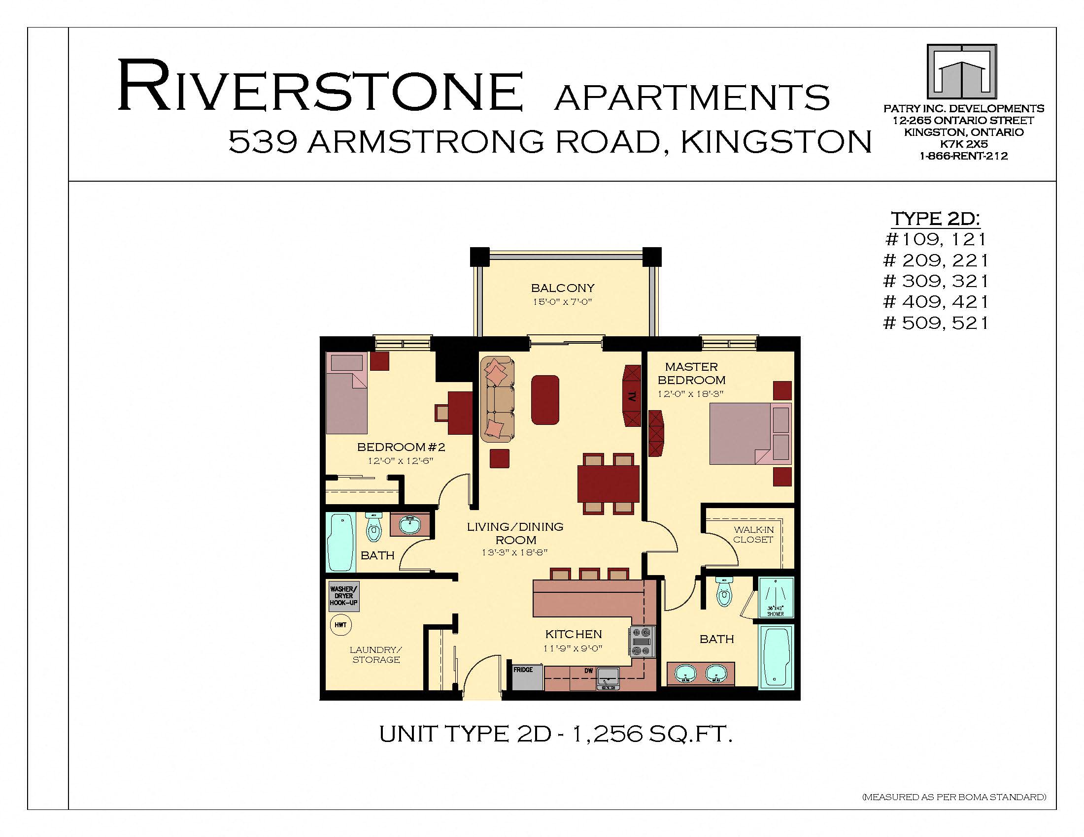 Floor plan for 2 beds, 2 baths, 1256 sqft